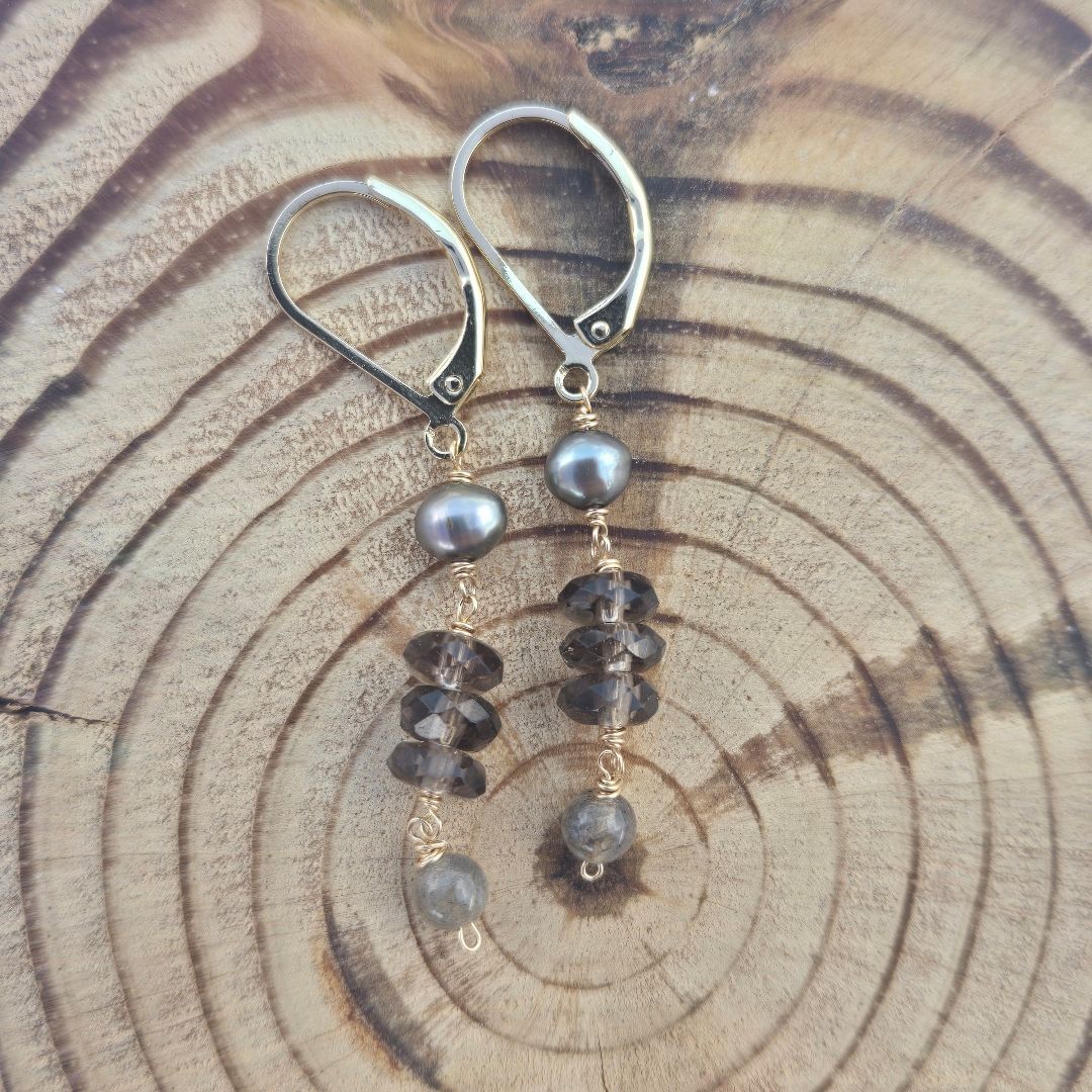 Dusty Brown Gemstone Gold Leverback Earrings