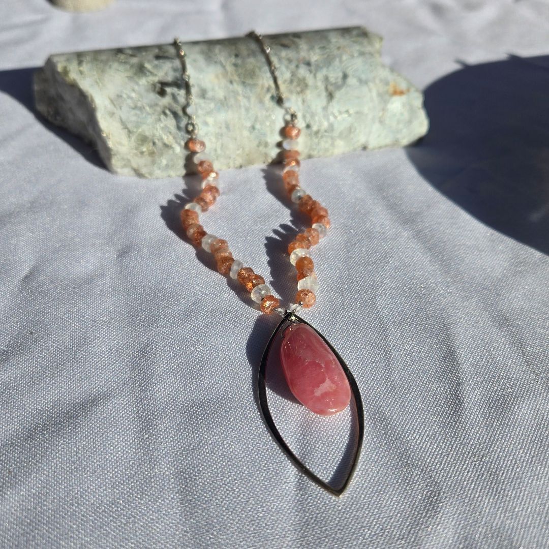 Pink Statement Necklace Silver Moonstone & Rhodochrosite