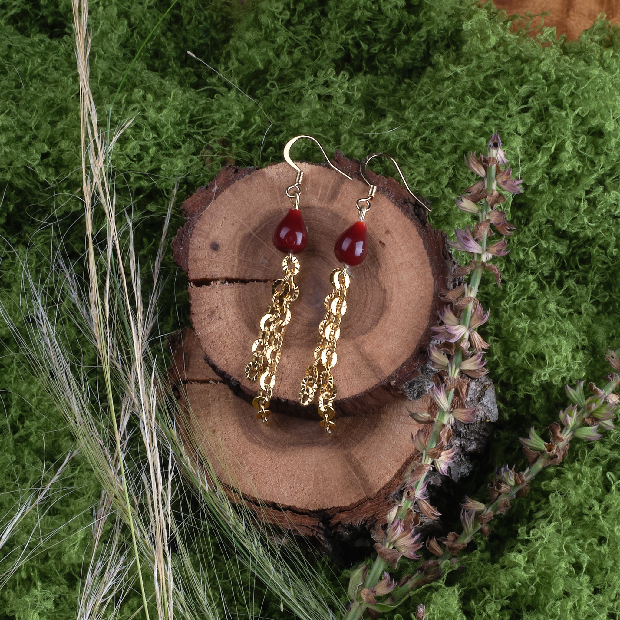 Ruby Teardrop Tassel Earrings