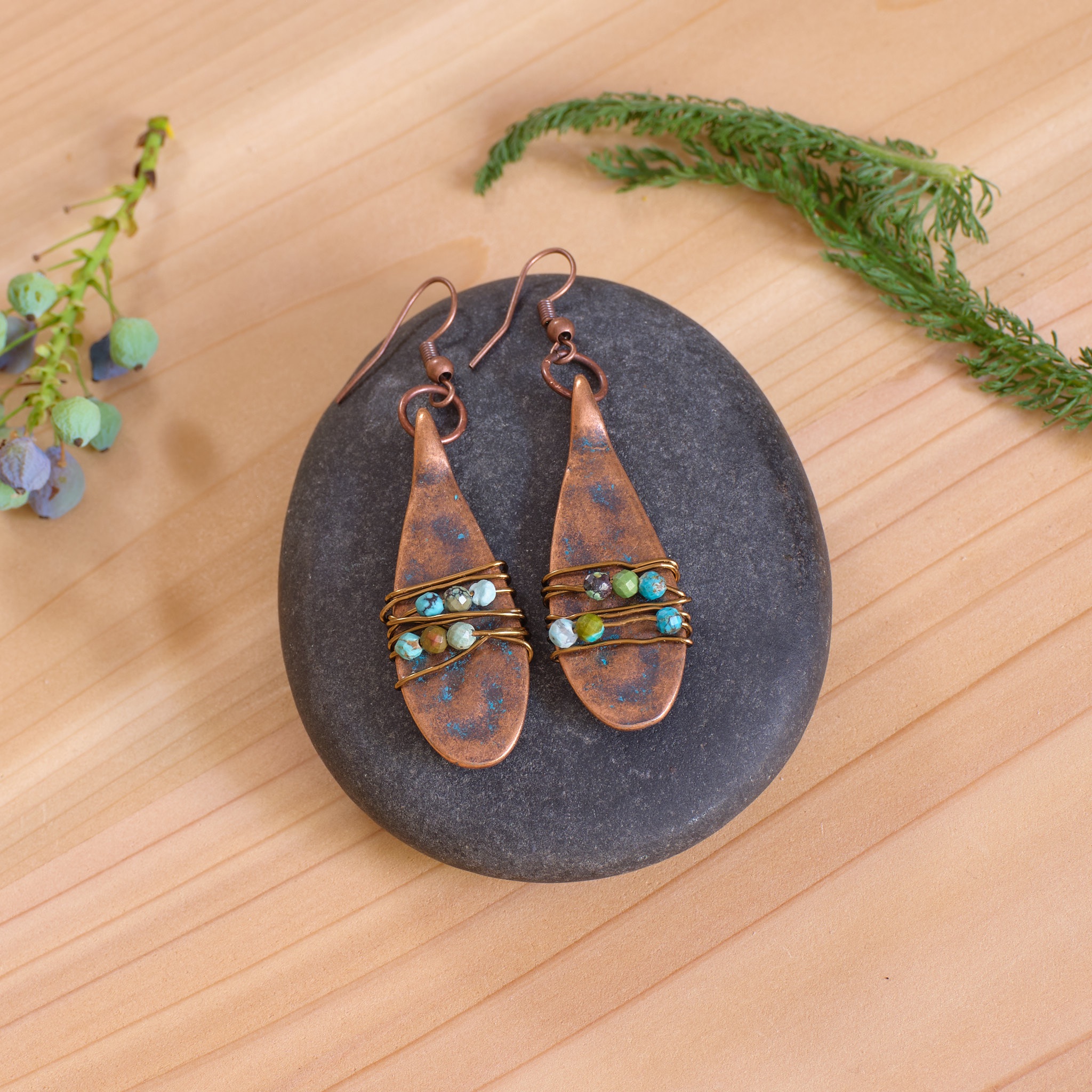 Copper Teardrop Wire-Wrapped Earrings