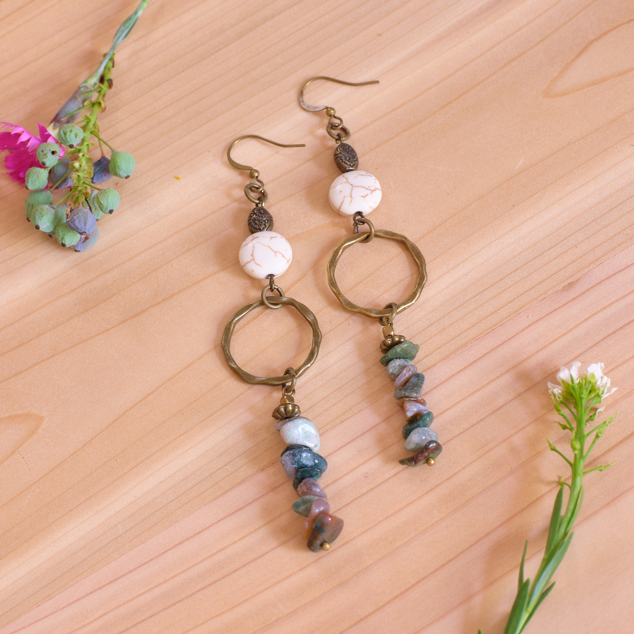 Howlite and Brass Ring Earrings
