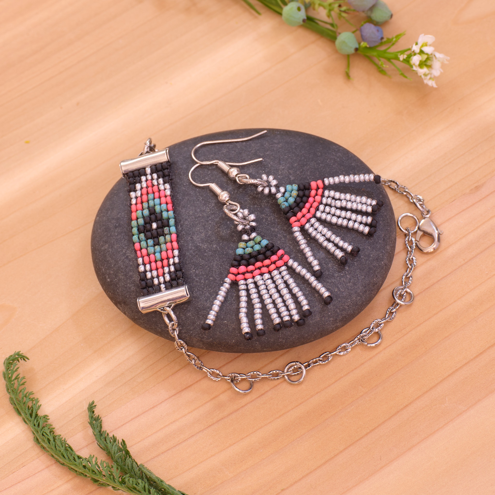 Beaded Fringe Earring and Bracelet Set