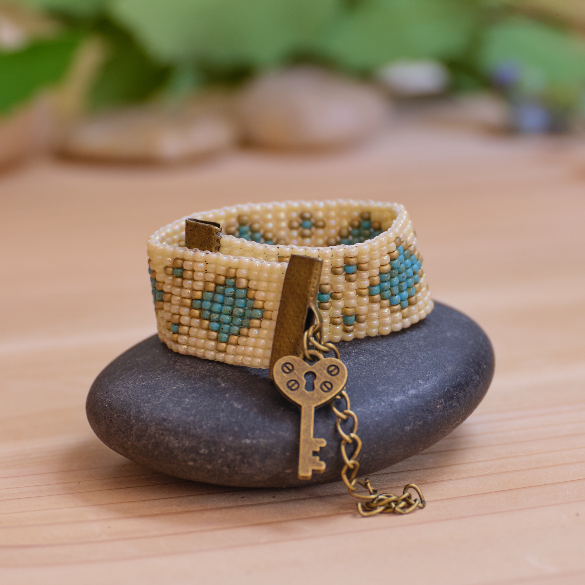Brass Key Loom Beaded Bracelet