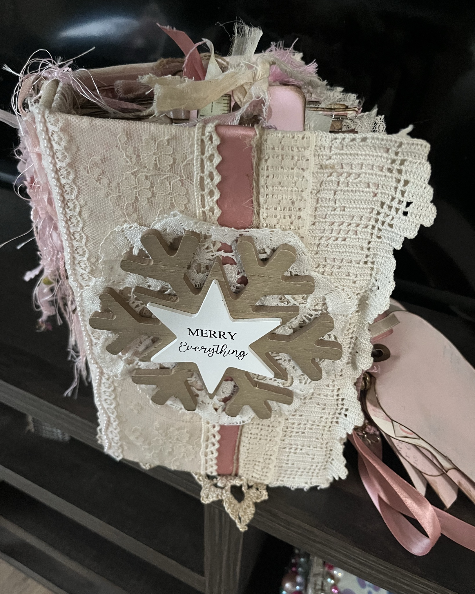 Handmade pink Christmas junk journal fully decorated