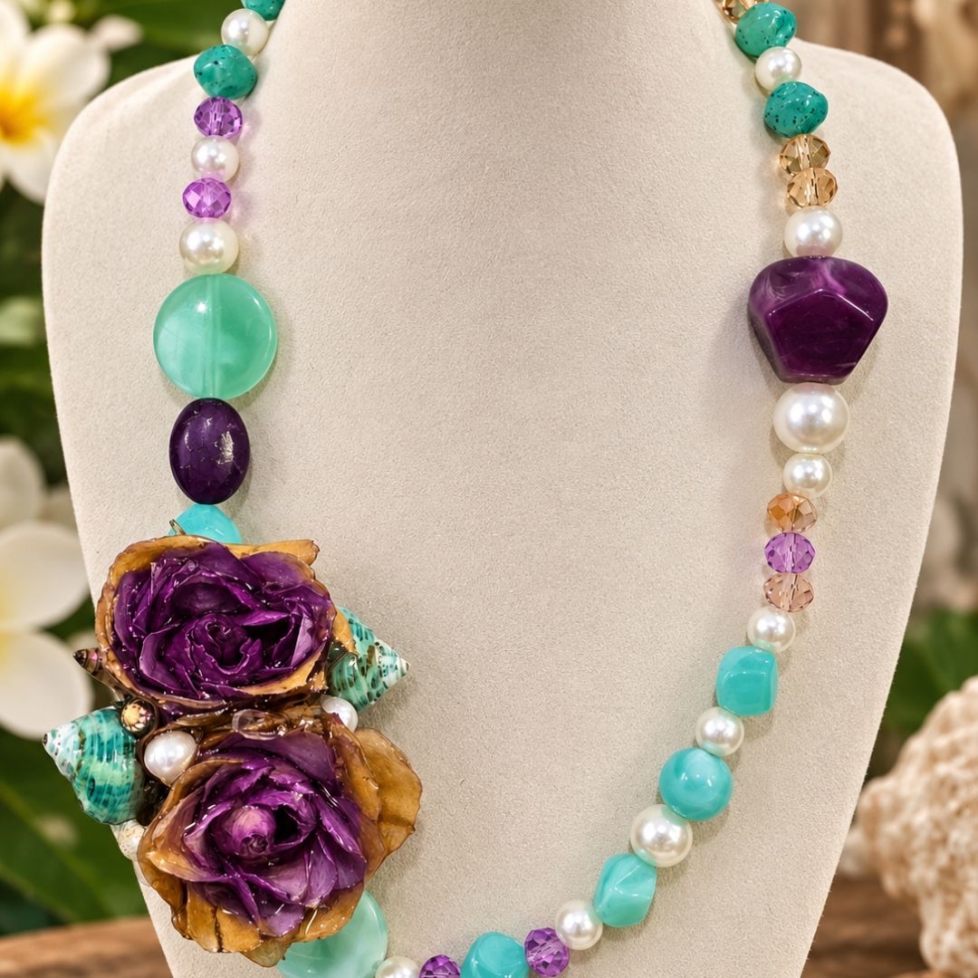 Purple Rose & Aqua Botanical Necklace