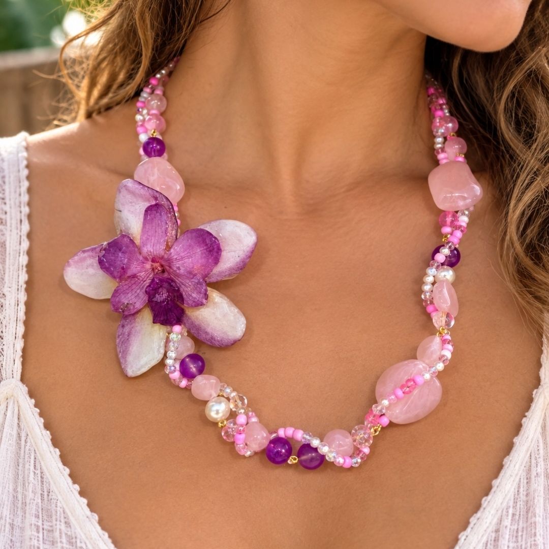 Preserved Orchid Pink Beaded Statement Necklace