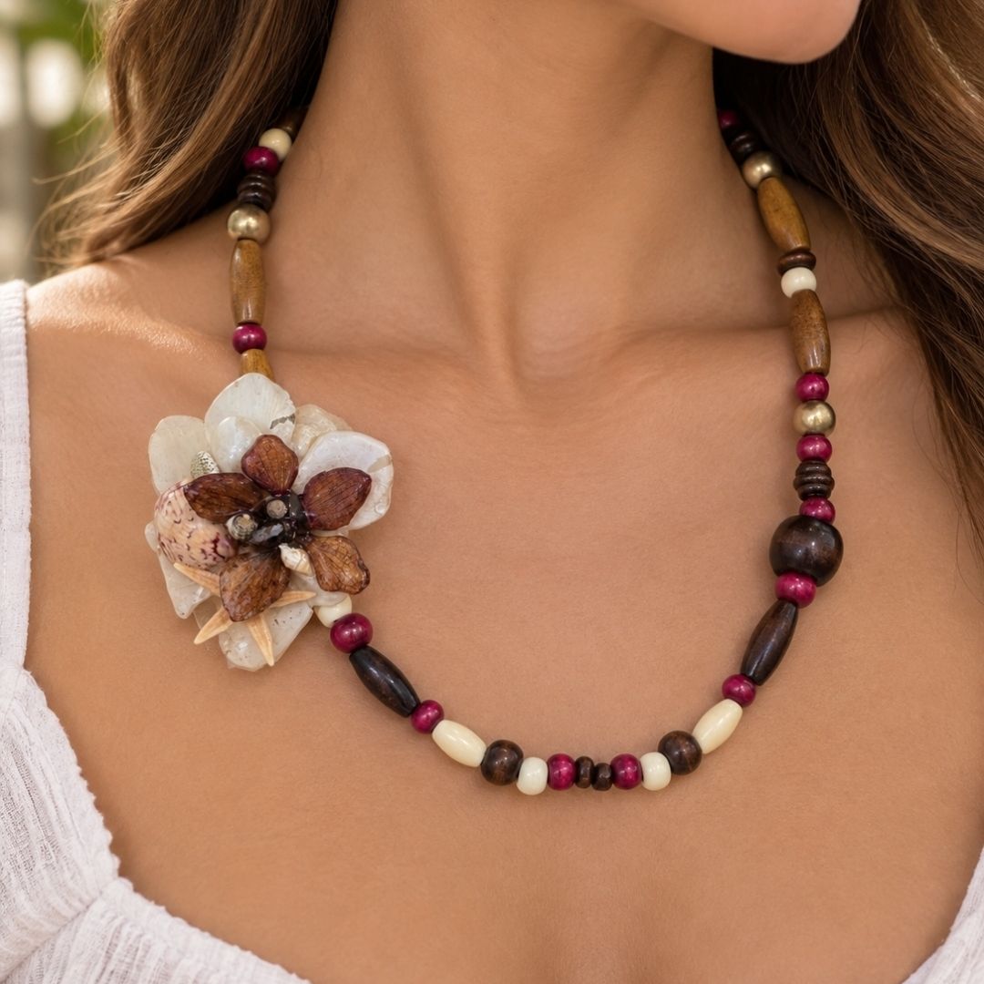 Coastal Orchid & Seashell Statement Necklace