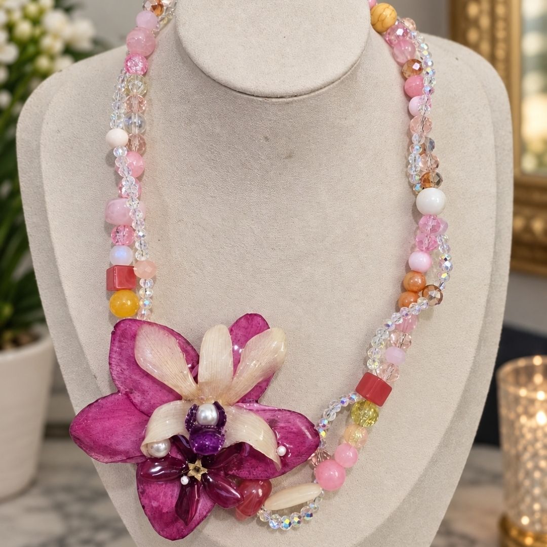 Pink Orchid Botanical Statement Necklace